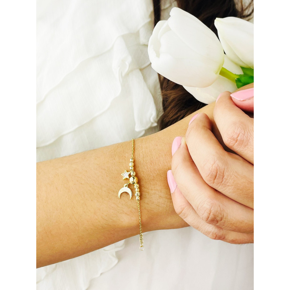 Mond und Stern Armband 925 Silber vergoldet Ankerkette mit Zirkonia