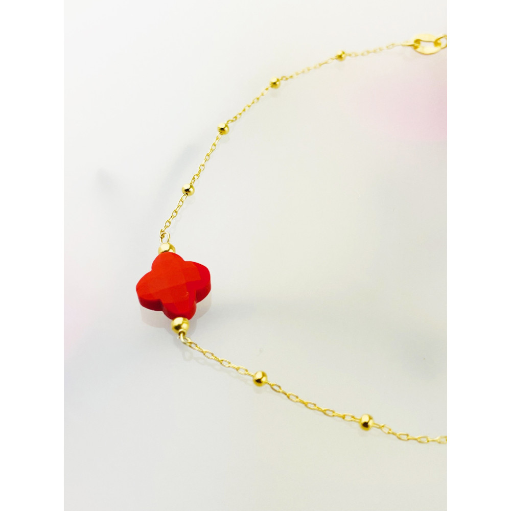 Kleeblatt Armband 925 Silber vergoldet Ankerkette mit Korallenstein