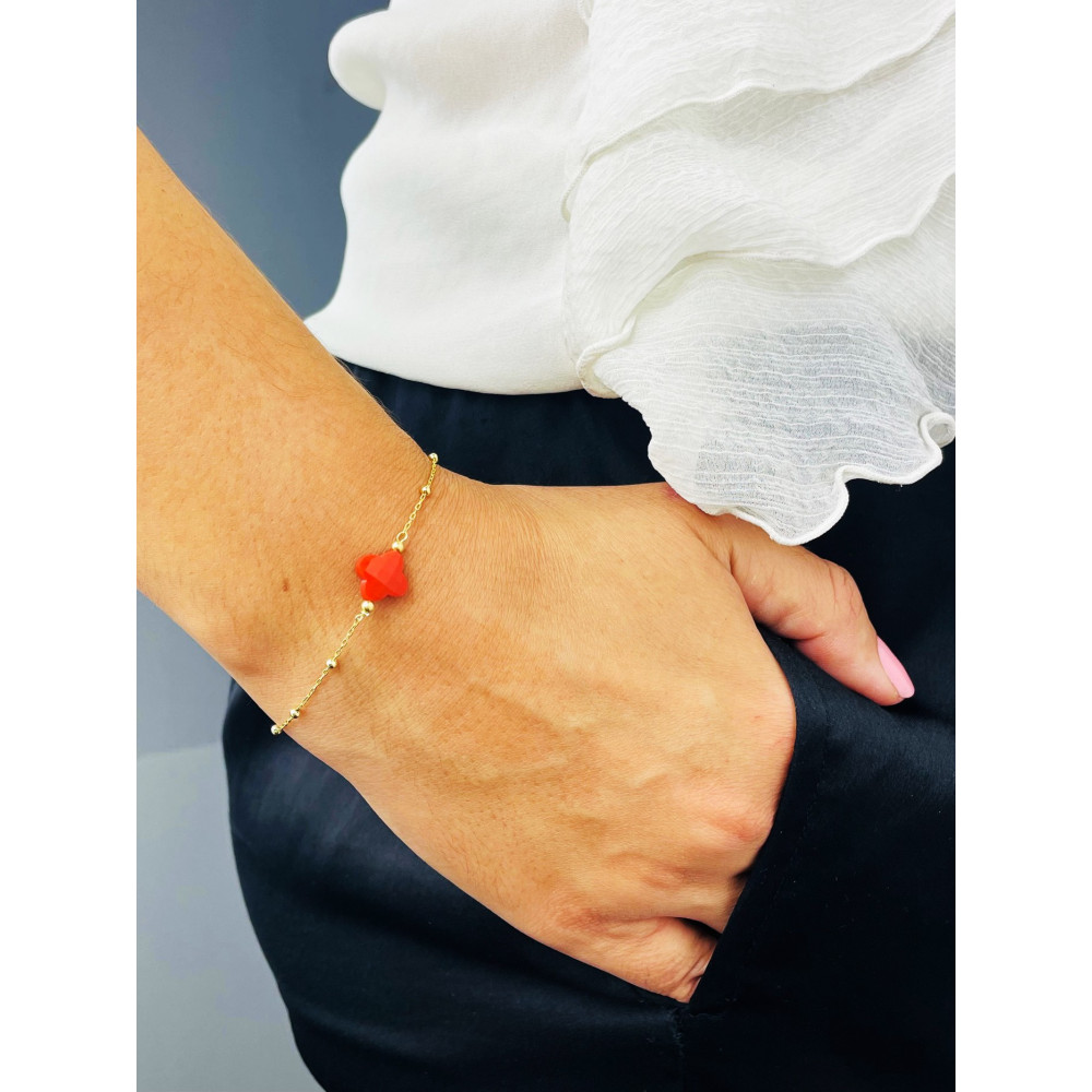 Kleeblatt Armband 925 Silber vergoldet Ankerkette mit Korallenstein