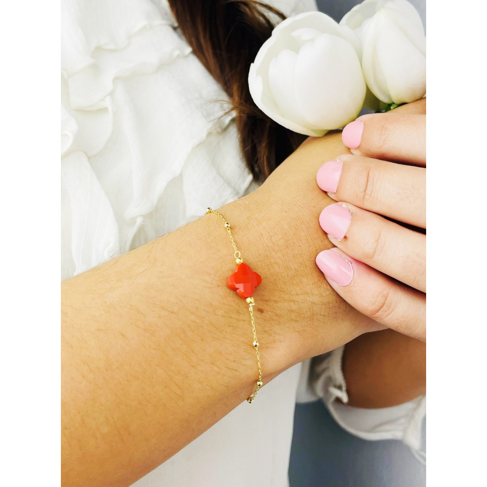 Kleeblatt Armband 925 Silber vergoldet Ankerkette mit Korallenstein