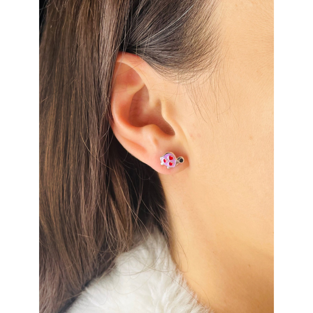 Srebrne kolczyki żółwie żółwiki z emalią różowe z serduszkami