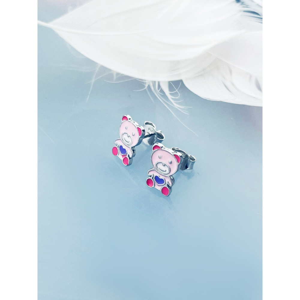 Srebrne kolczyki miś misie z emalią różowe urocze niedźwiadki