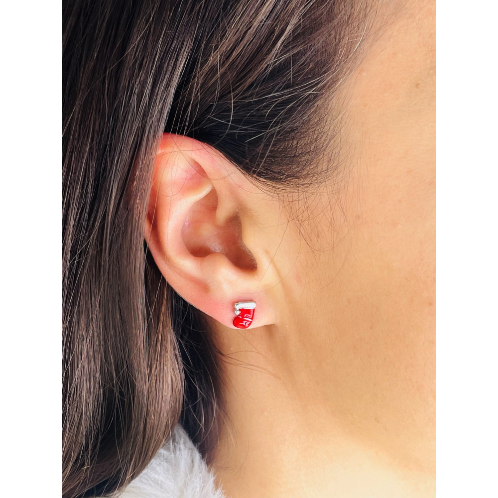 Srebrne kolczyki świąteczna skarpeta zimowy bucik z emalią czerwone