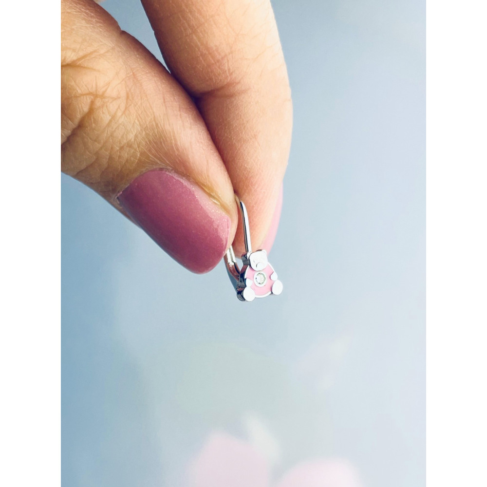 Srebrne kolczyki miś z cyrkonią misie z emalią różowe urocze niedźwiadki