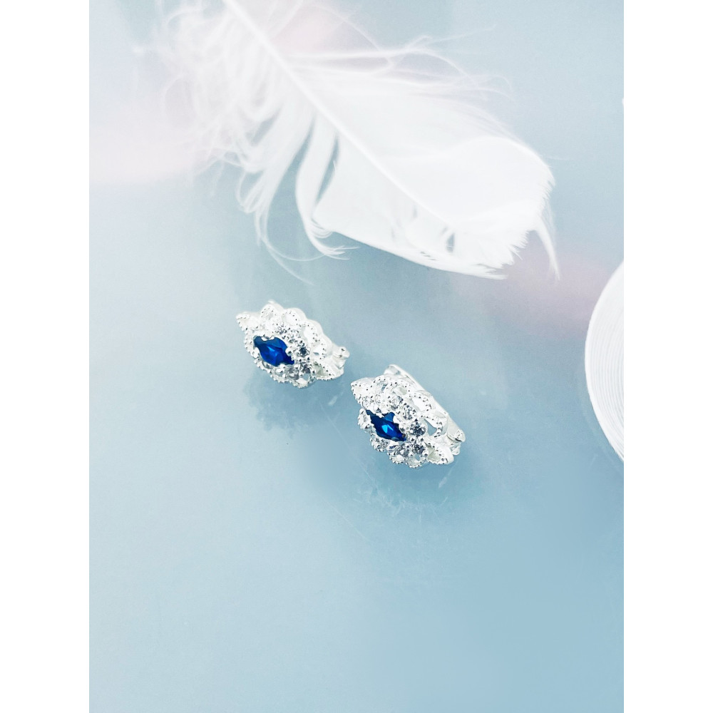 Srebrne kolczyki kocie oko z cyrkonią szafirowe bogato misternie zdobione