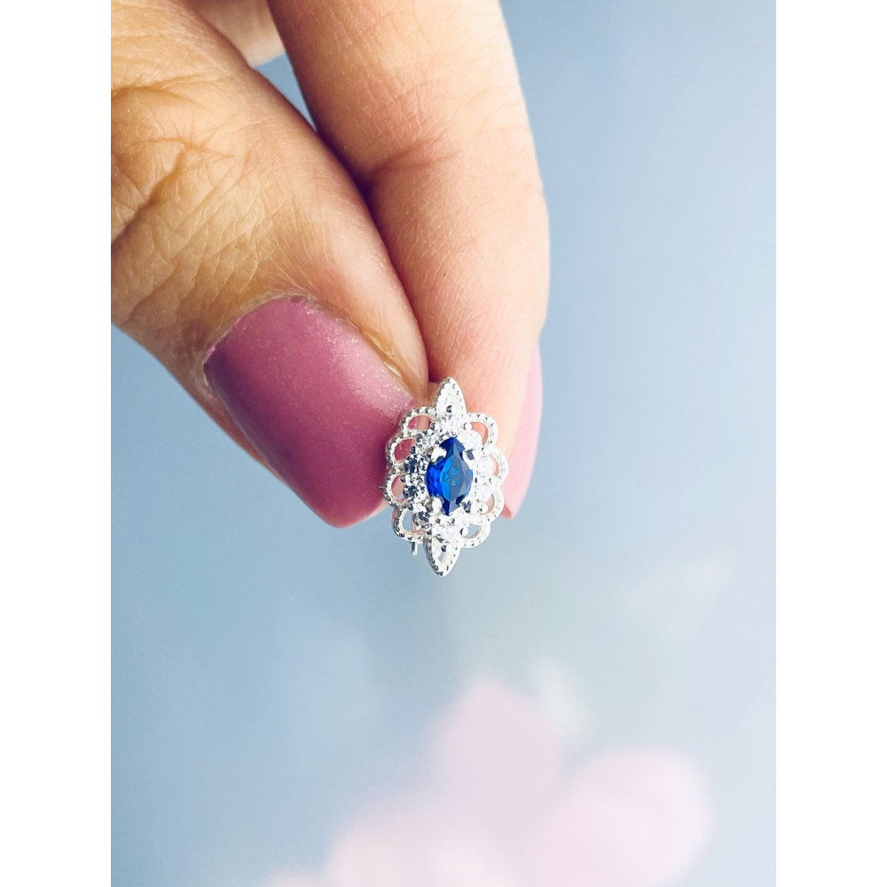 Srebrne kolczyki kocie oko z cyrkonią szafirowe bogato misternie zdobione