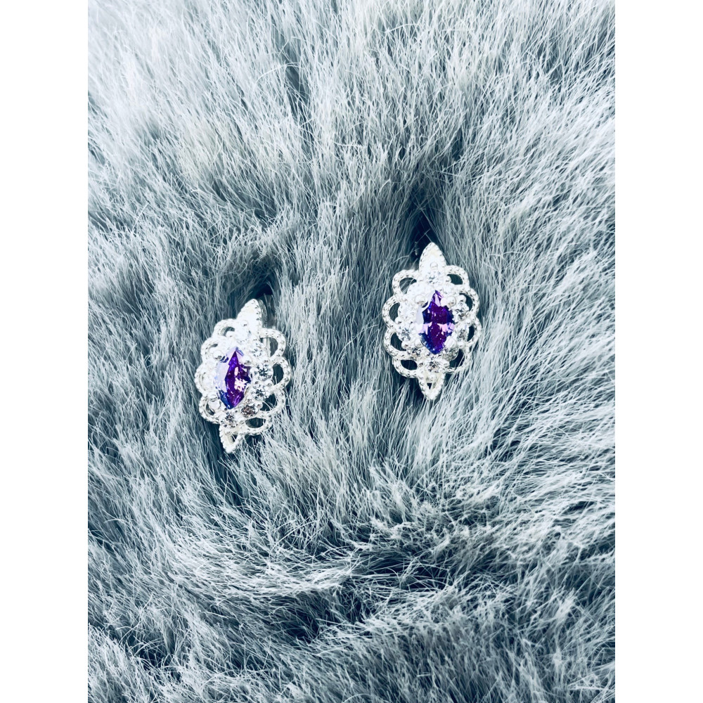 Srebrne kolczyki kocie oko z cyrkonią fioletowe bogato misternie zdobione