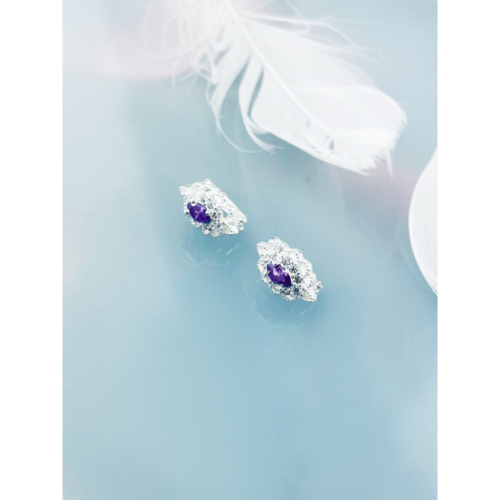 Srebrne kolczyki kocie oko z cyrkonią fioletowe bogato misternie zdobione