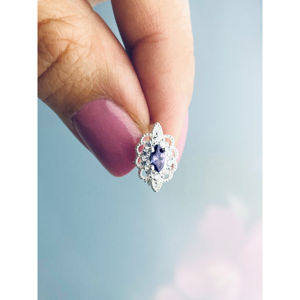 Srebrne kolczyki kocie oko z cyrkonią fioletowe bogato misternie zdobione