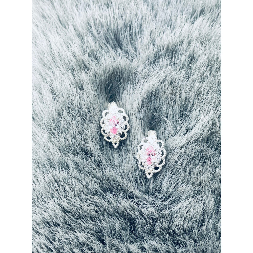 Srebrne kolczyki kocie oko z cyrkonią różowe bogato misternie zdobione