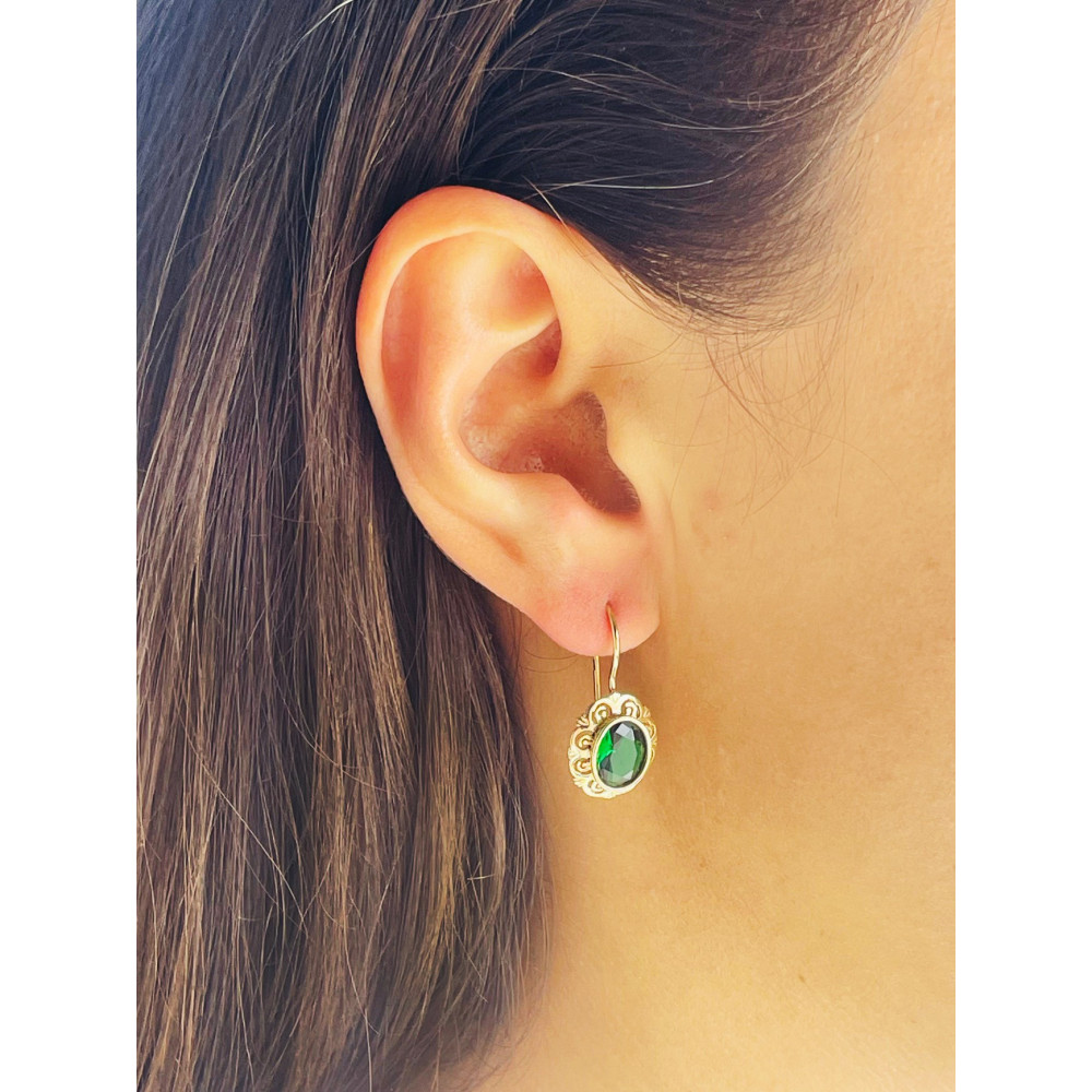 Złote kolczyki owalne z cyrkoniami zielone ażurowe retro vintage