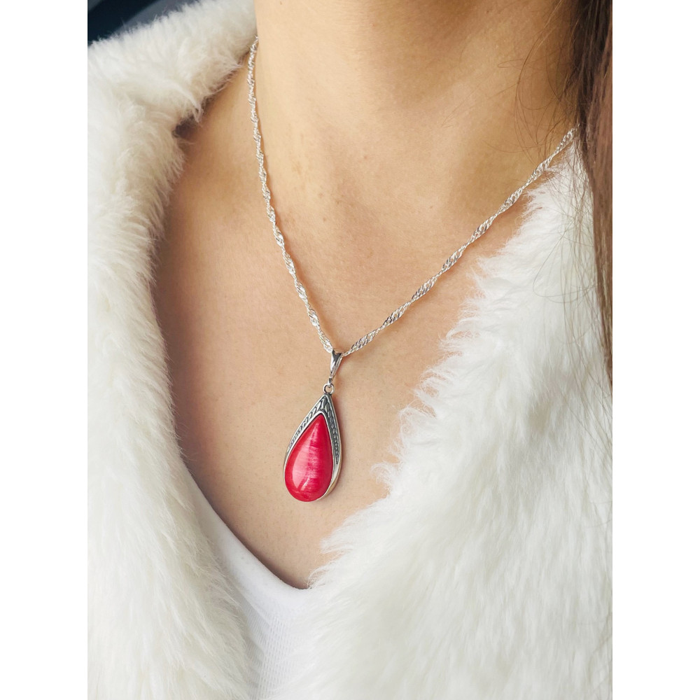 Tropfen 925 Silber Anhänger mit roter Stein