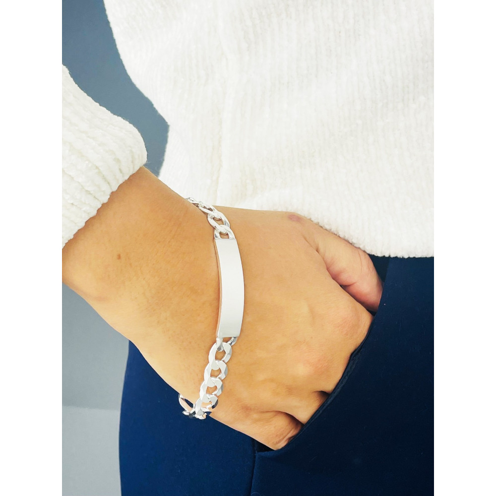 Srebrna bransoletka szeroka pancerka z blaszką do grawerowania