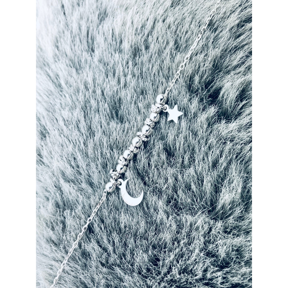 Srebrna bransoletka ankier kulki kuleczki koraliki gwiazdka księżyc