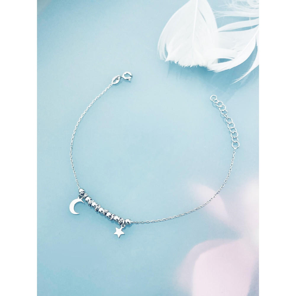 Kugel Armband 925 Silber Damen Armkette mit Stern und Mond