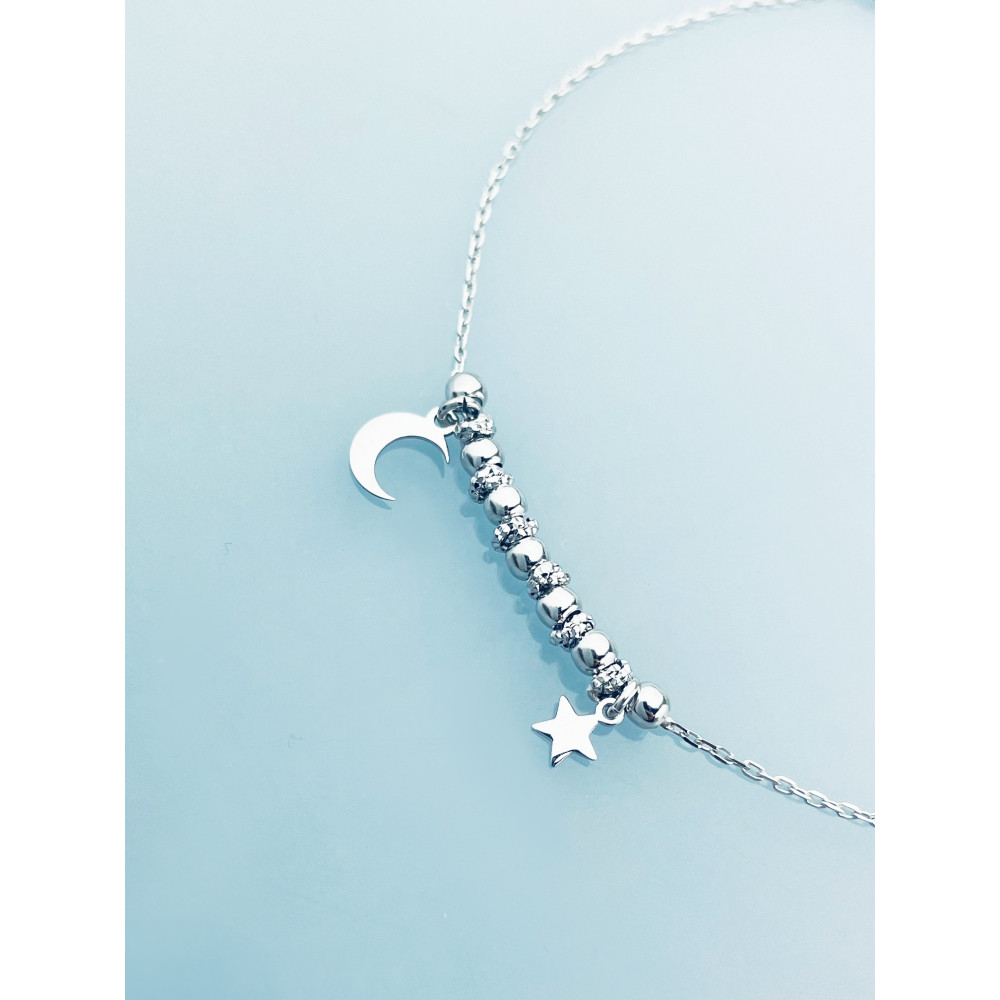 Kugel Armband 925 Silber Damen Armkette mit Stern und Mond