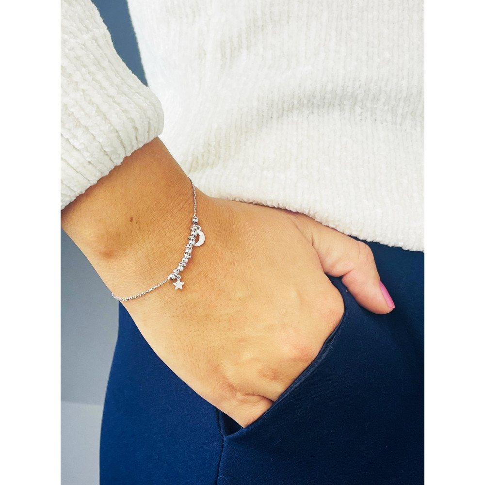 Kugel Armband 925 Silber Damen Armkette mit Stern und Mond