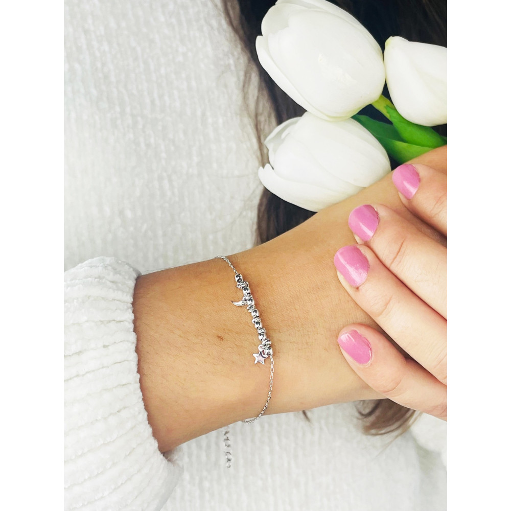 Kugel Armband 925 Silber Damen Armkette mit Stern und Mond