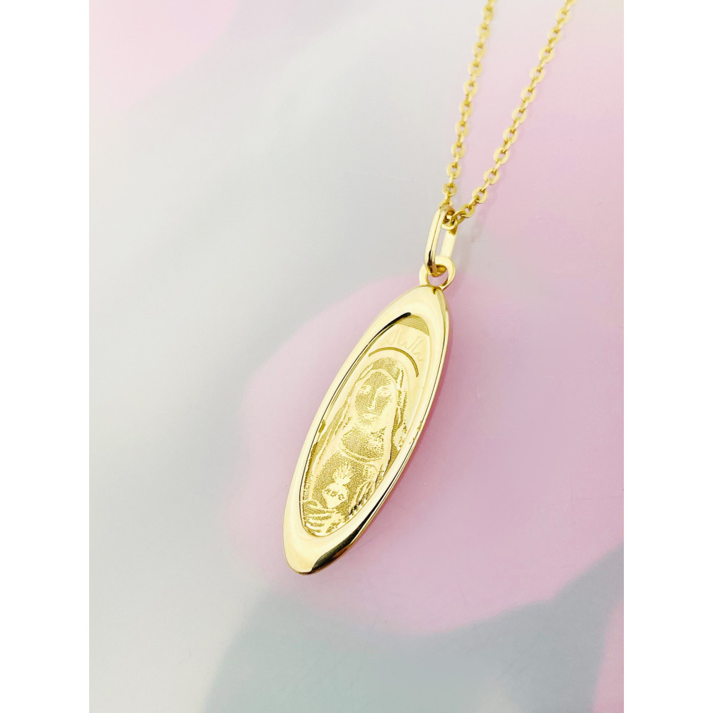 Złoty Medalik Zawieszka Matka Boska wzór laserowy Chrzest Komunia