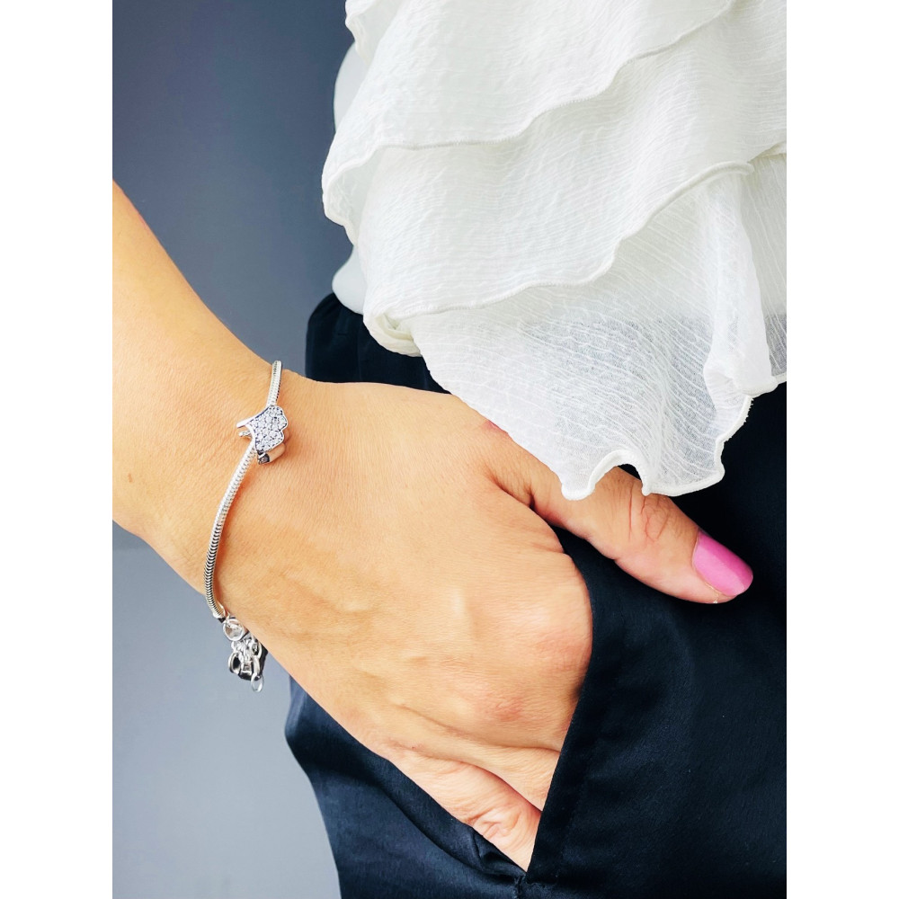 Srebrny koralik zawieszka charms miłorząb listek z cyrkoniami i masą perłową