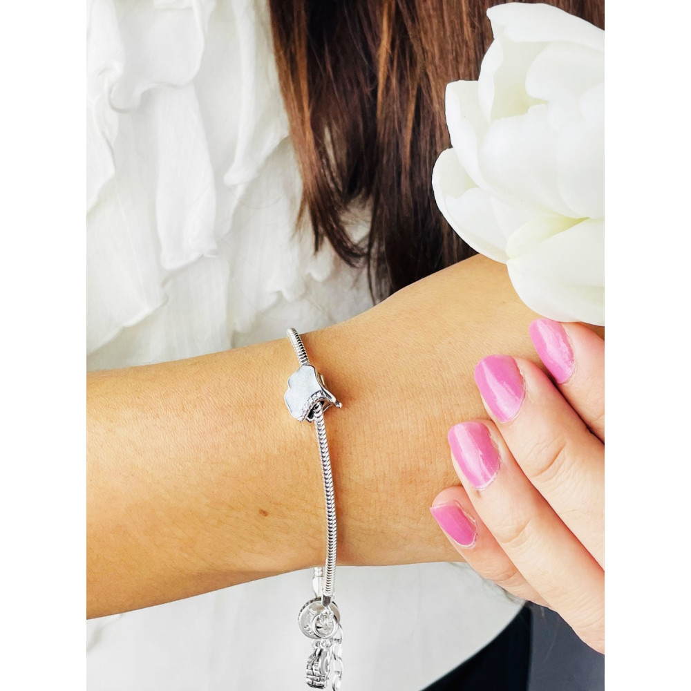 Srebrny koralik zawieszka charms miłorząb listek z cyrkoniami i masą perłową