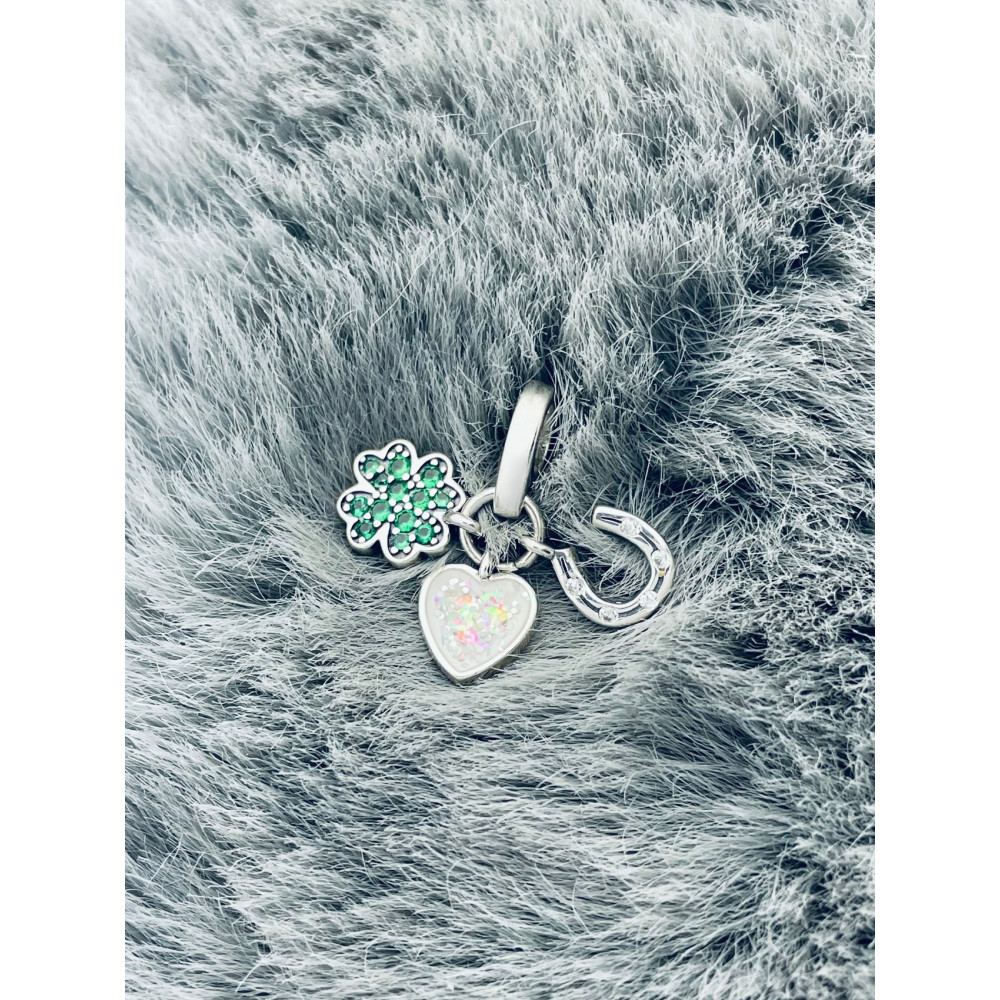 Herz und Hufeisen und Kleeblatt 925 Silber Anhänger mit Zirkonia Charms