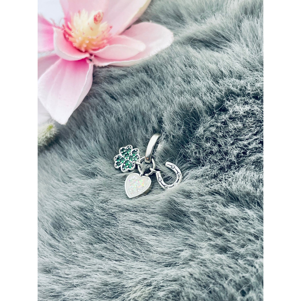 Herz und Hufeisen und Kleeblatt 925 Silber Anhänger mit Zirkonia Charms