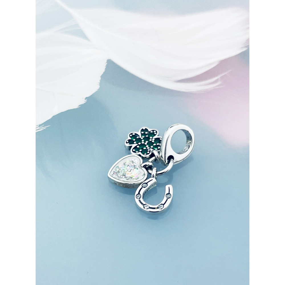 Herz und Hufeisen und Kleeblatt 925 Silber Anhänger mit Zirkonia Charms