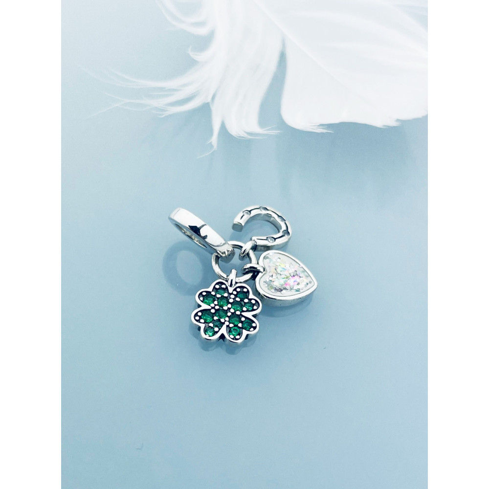 Herz und Hufeisen und Kleeblatt 925 Silber Anhänger mit Zirkonia Charms