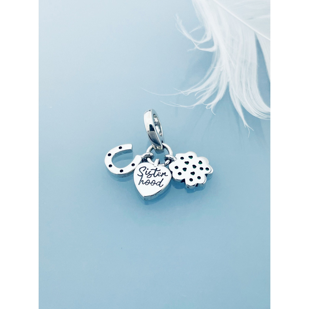 Herz und Hufeisen und Kleeblatt 925 Silber Anhänger mit Zirkonia Charms