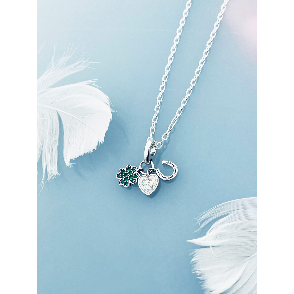 Srebrny koralik z cyrkoniami zawieszka charms serce serduszko podkowa czterolistna koniczynka