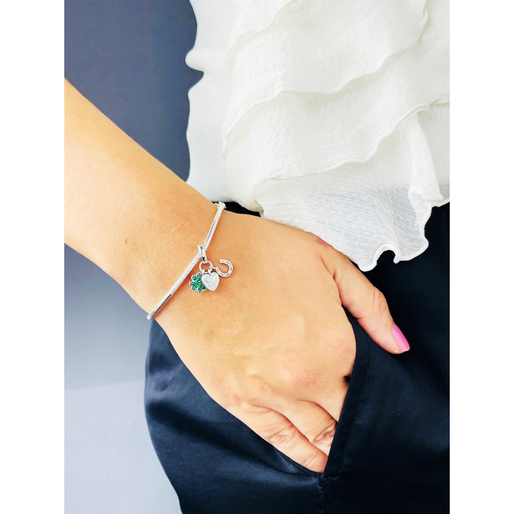 Herz und Hufeisen und Kleeblatt 925 Silber Anhänger mit Zirkonia Charms