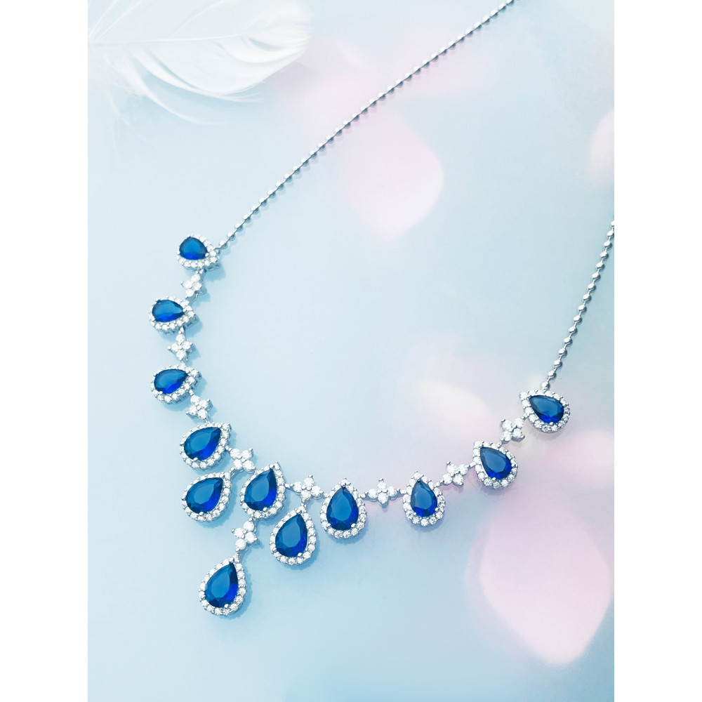 Srebrny naszyjnik kolia łezki krople z cyrkoniami szfirowy