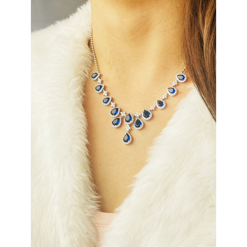 Srebrny naszyjnik kolia łezki krople z cyrkoniami szfirowy