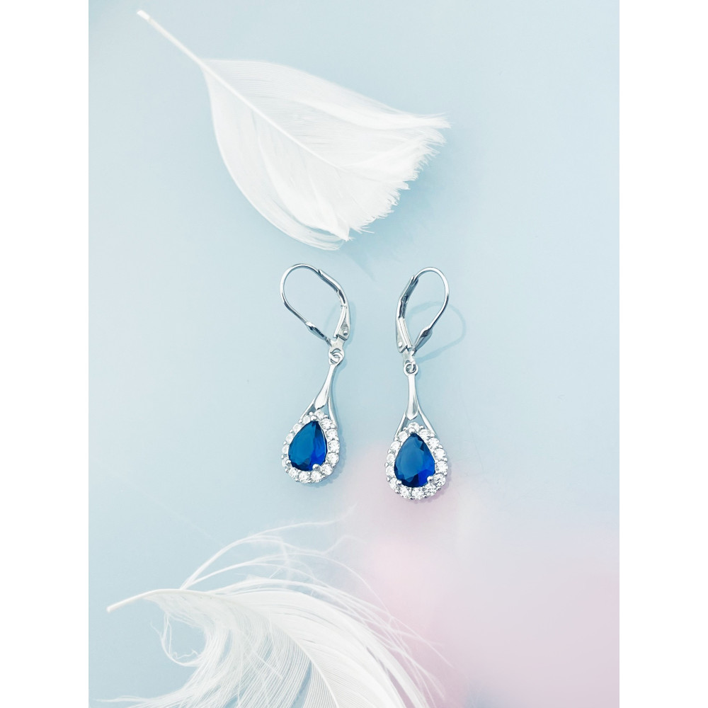 Srebrne kolczyki wiszące krople łezki z cyrkoniami szafirowe karmazycja