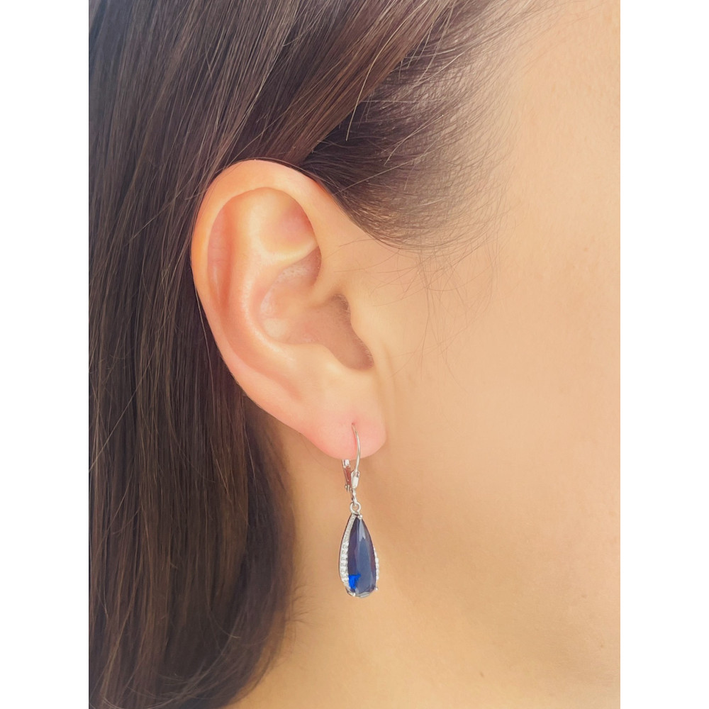 Srebrne kolczyki wiszące krople łezki z cyrkoniami szafirowe