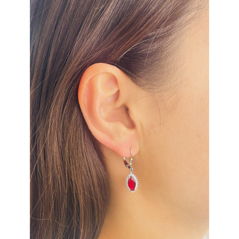 Srebrne kolczyki wiszące kocie oko z cyrkoniami rubinowe karmazycja