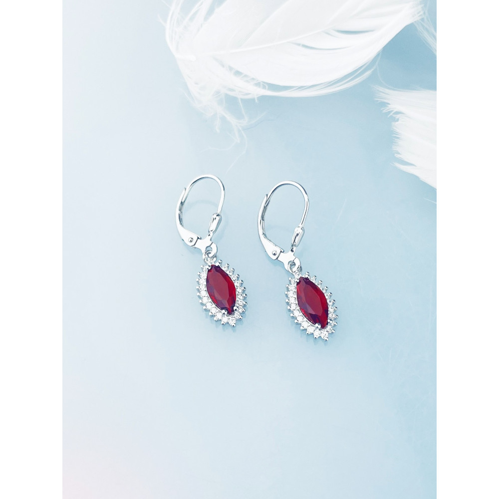 Srebrne kolczyki wiszące kocie oko z cyrkoniami rubinowe karmazycja