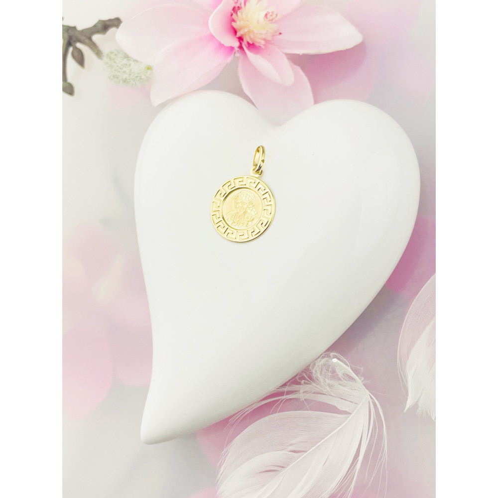 Złoty Medalik Zawieszka Matka Boska Częstochowska zdobiony wzór grecki Chrzest Komunia