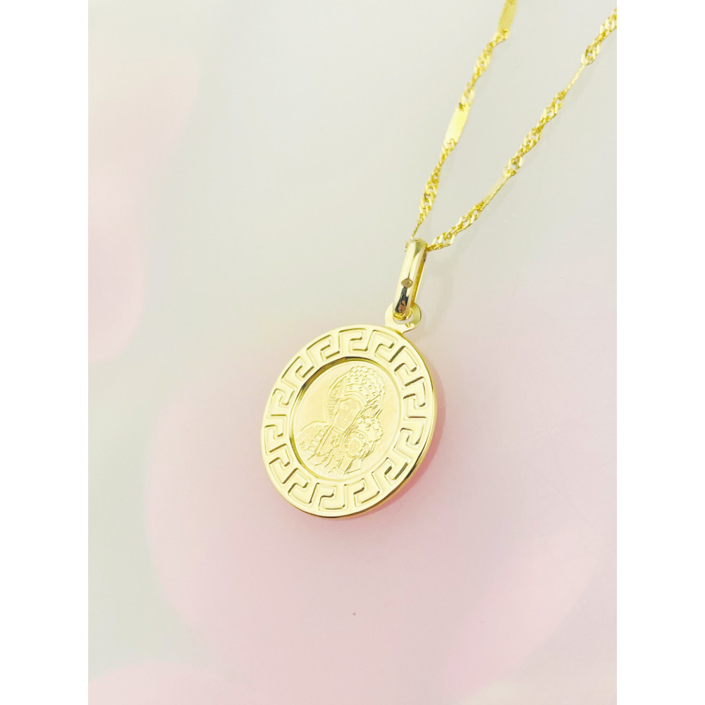 Złoty Medalik Zawieszka Matka Boska Częstochowska zdobiony wzór grecki Chrzest Komunia