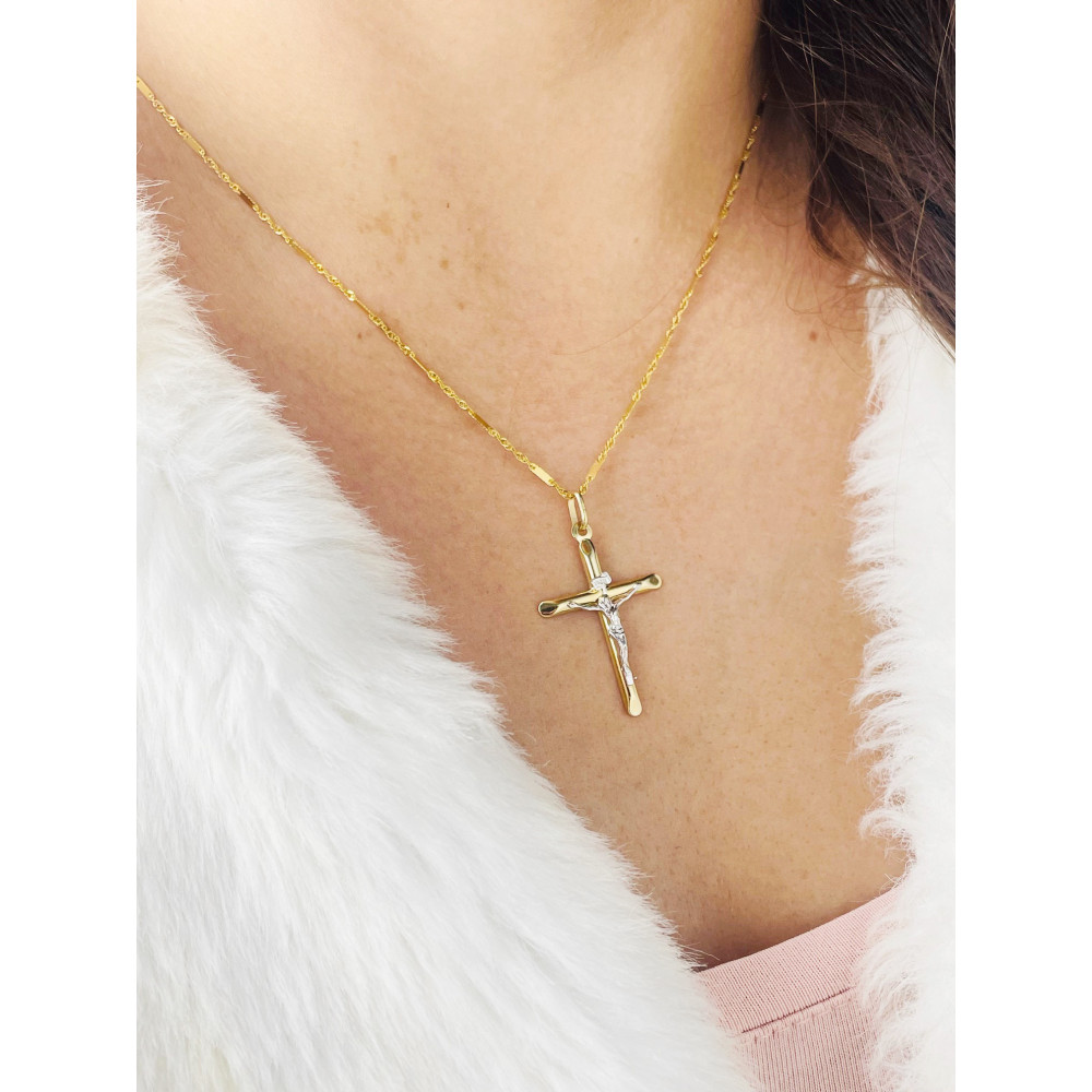 Złoty krzyżyk Jezus Chrystus INRI bikolor polerowany gładki Komunia Chrzest