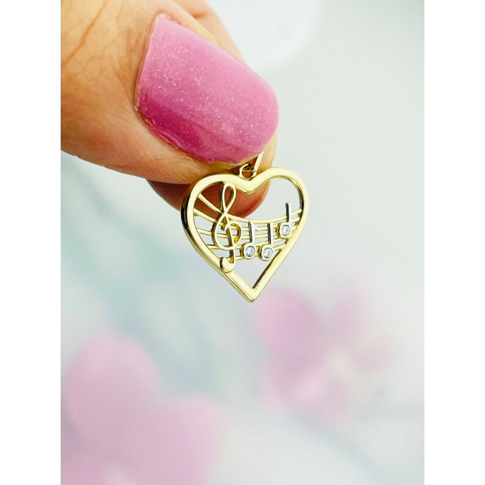 Złoty wisiorek zawieszka serce ażurowe serduszko klucz wiolinowy nutki z cyrkoniami