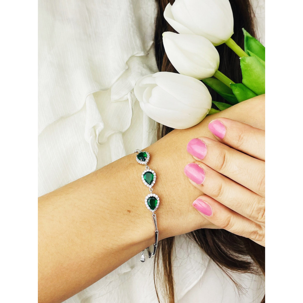 Srebrna bransoletka z cyrkoniami łezki kropelki butelkowa zieleń karmazycja