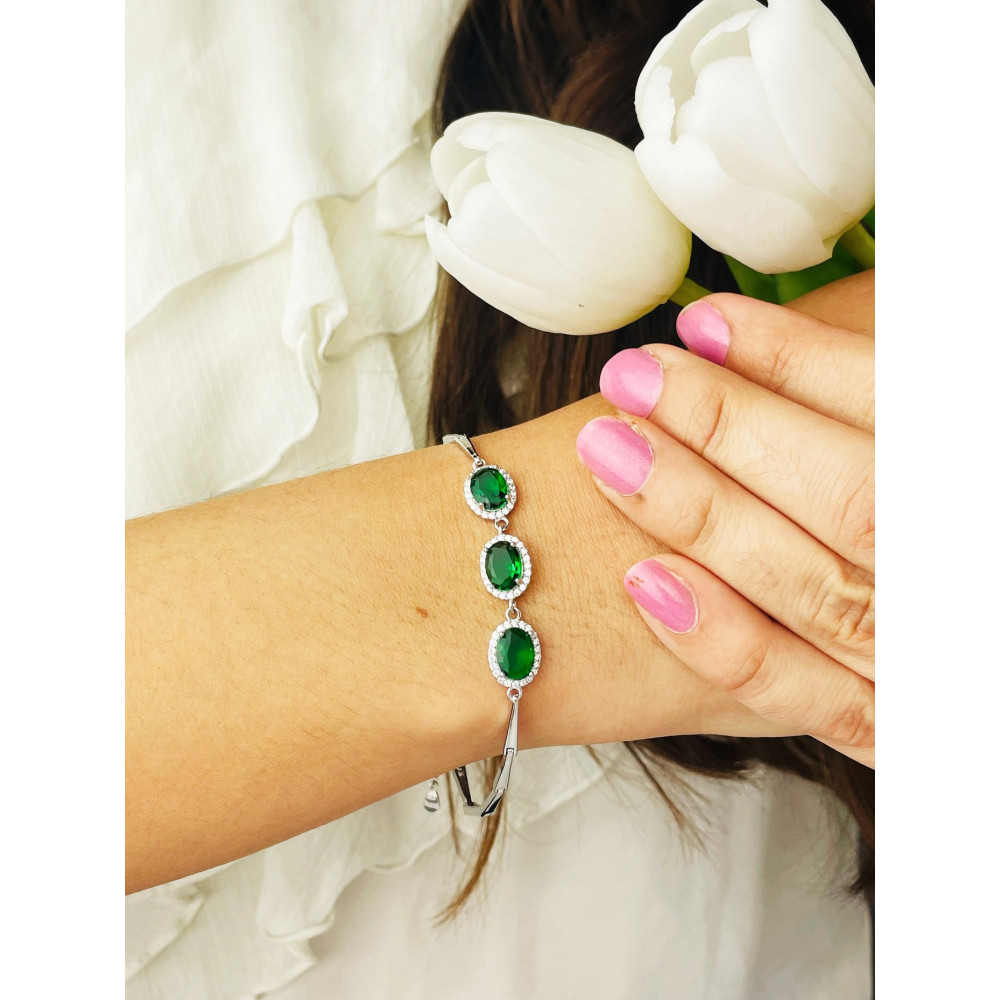 Srebrna bransoletka z cyrkoniami butelkowa zieleń karmazycja