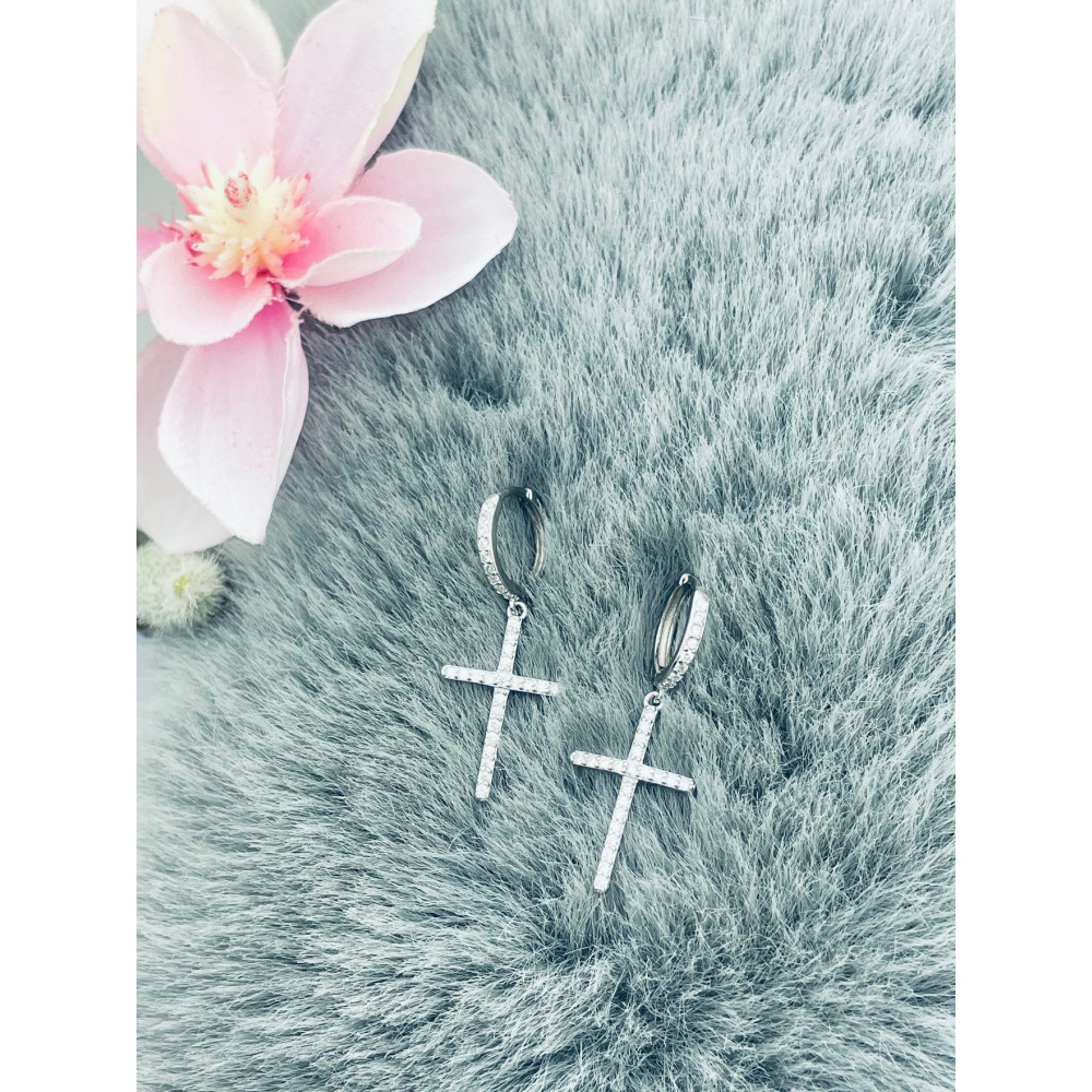 Kreis mit  Kreuz 925 Silber Zirkonia Ohrringe