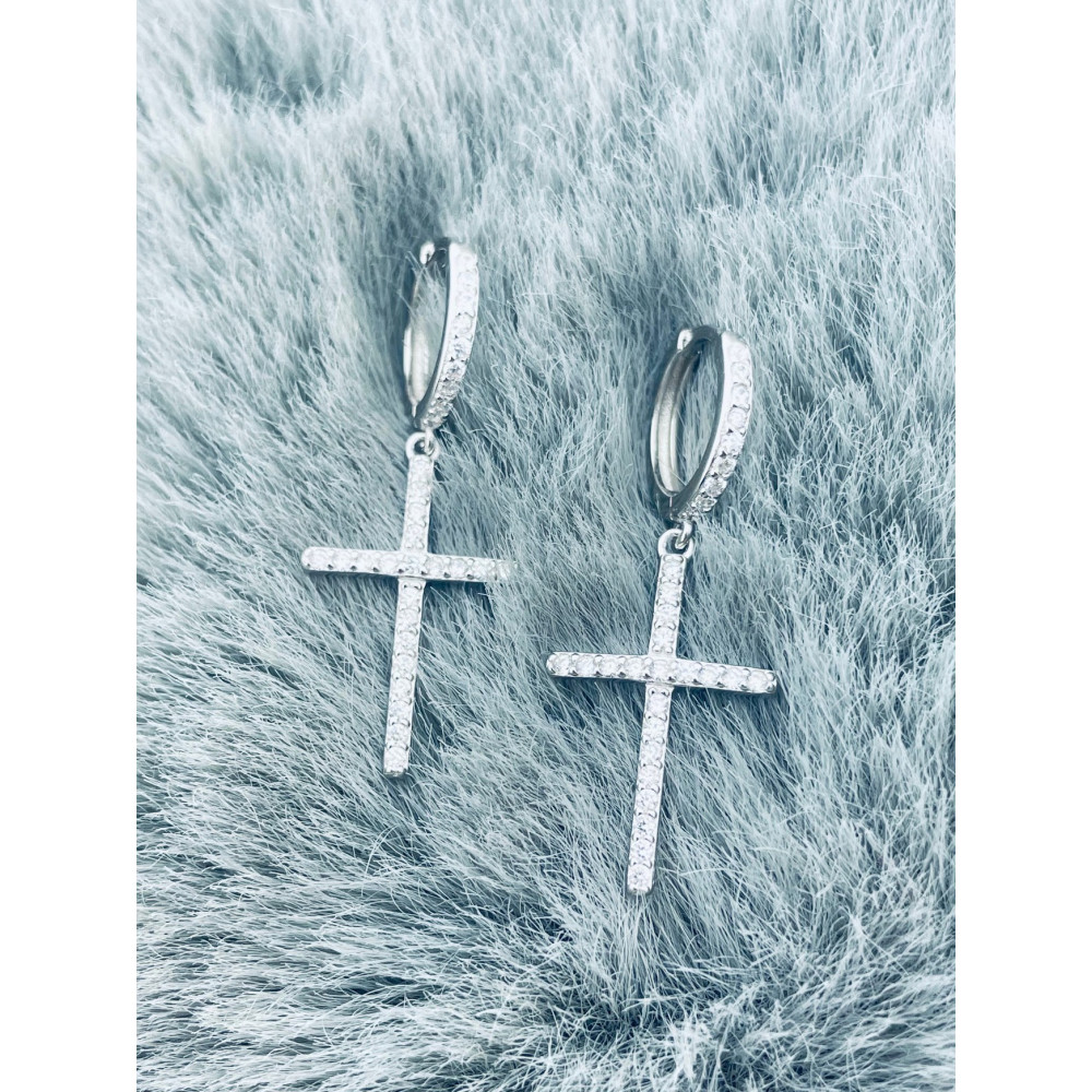 Kreis mit  Kreuz 925 Silber Zirkonia Ohrringe