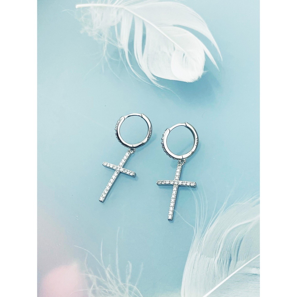 Kreis mit  Kreuz 925 Silber Zirkonia Ohrringe