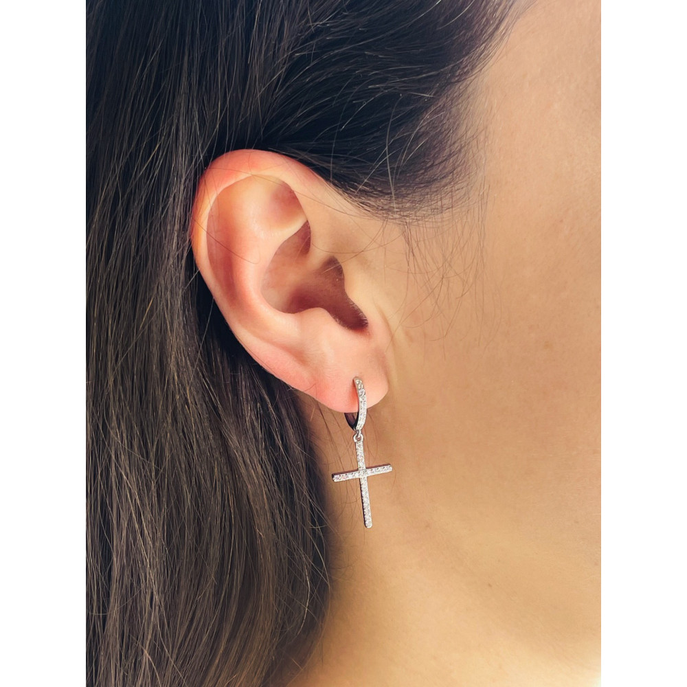 Kreis mit  Kreuz 925 Silber Zirkonia Ohrringe