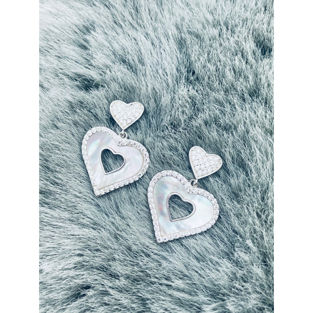 925 Silber Ohrringe mit Zirkonia und Perlmutt Herz