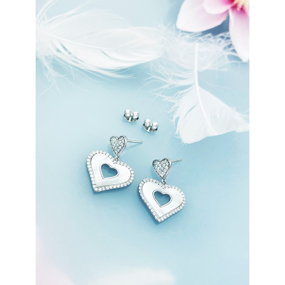 925 Silber Ohrringe mit Zirkonia und Perlmutt Herz